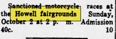 Howell Fairgrounds - Sept 1938 Ad For Motorcycle Racing